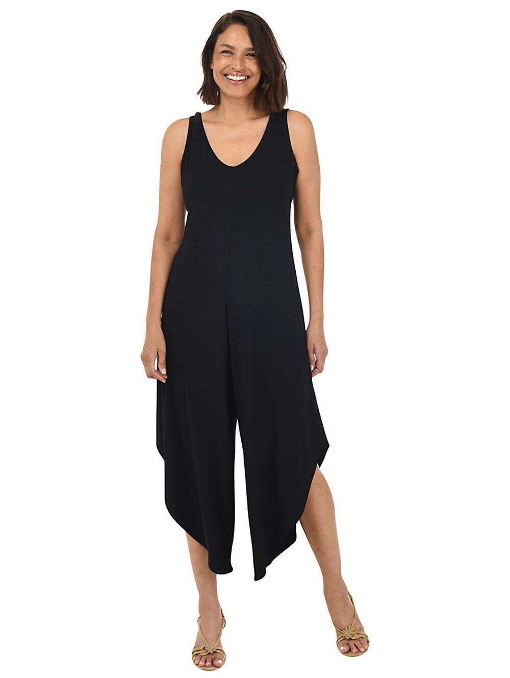 Titan Black Sleeveless Wide-Leg Handkerchief Hem Jumpsuit